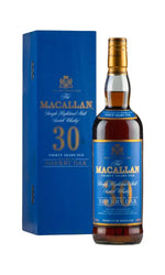 Macallan 30 Year Old Blue Box – elegant bottle with collectible presentation.