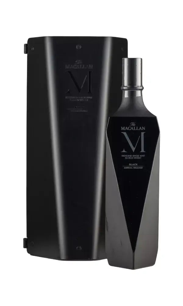 Macallan M Black 2023 – bold and luxurious whisky in a sculptural black decanter.
