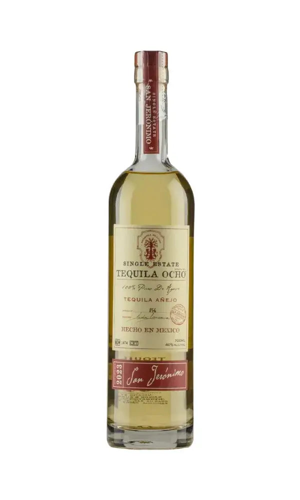 Bottle of Ocho Single Estate ‘San Jeronimo’ Añejo 2023 – amber tequila in a refined bottle with a vintage-labeled design.