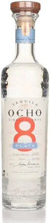 Bottle of Ocho Blanco Tequila 70cl – clear tequila in a tall, elegant bottle with a white label, showcasing its unaged purity.