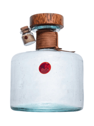 Glass bottle with wooden cap and decorative elements on a white background