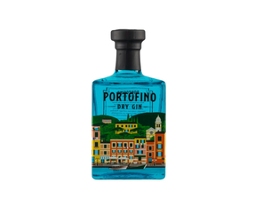 Bottle of Portofino Dry Gin 50cl, featuring a square blue-tinted glass design with a black screw cap, and a colorful label illustrating the Italian Riviera village of Portofino with vibrant buildings, hills, a church tower, boats, and bold text “PORTOFINO DRY GIN”.