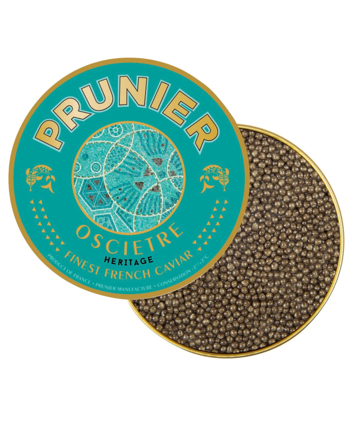 Prunier caviar with a blue label on a white background
