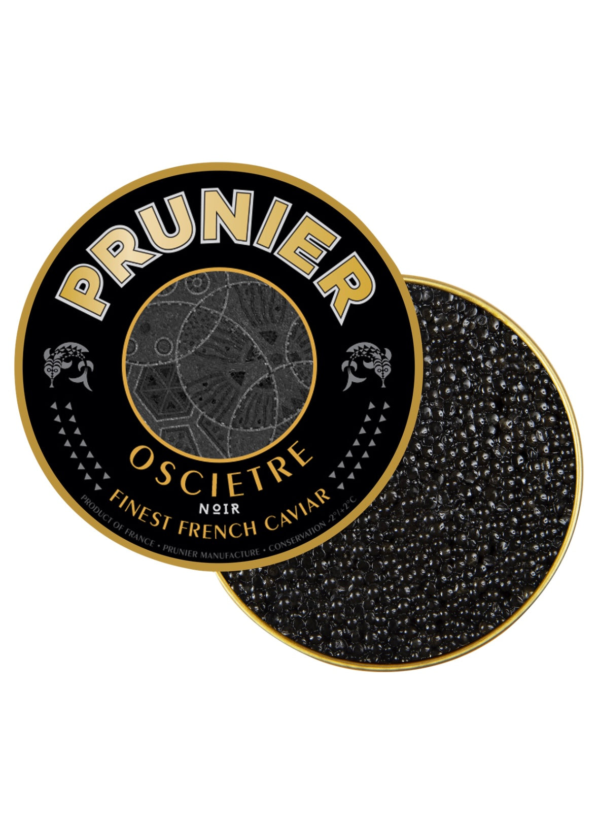 Prunier Oscietre caviar packaging with black caviar on a white background