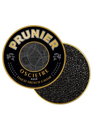 Prunier Oscietre caviar packaging with black caviar on a white background