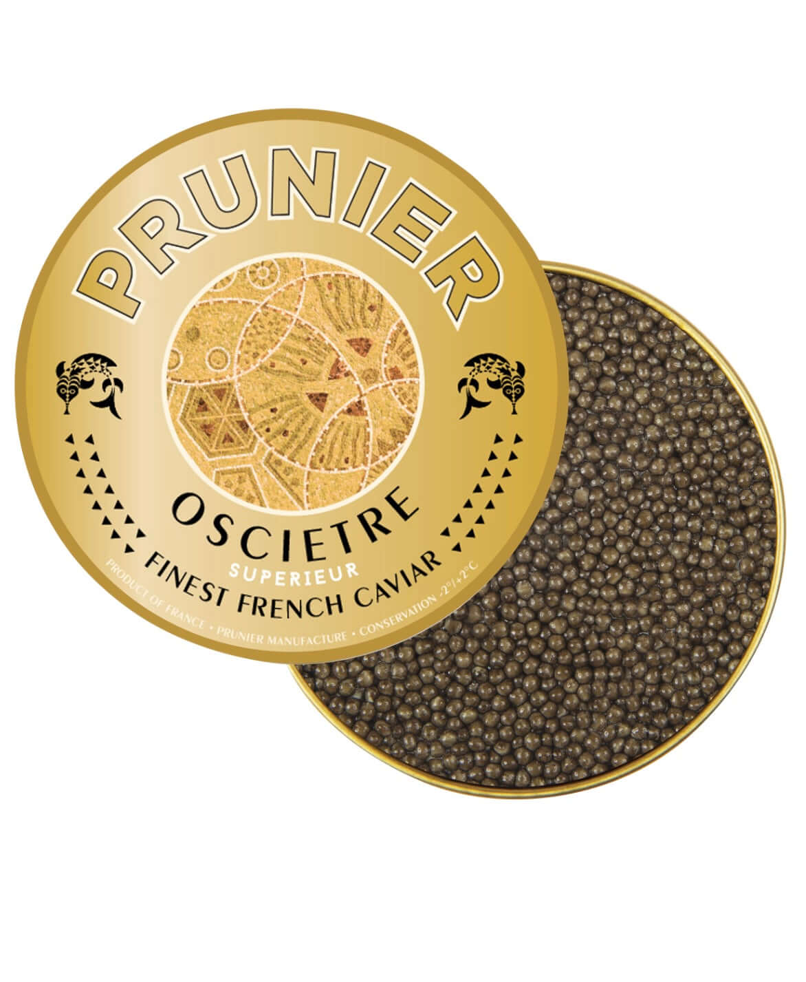 Prunier Oscietre caviar in a gold container on a white background