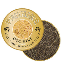 Prunier Oscietre caviar in a gold container on a white background