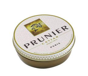 Prunier caviar tin with gold and white design on a white background