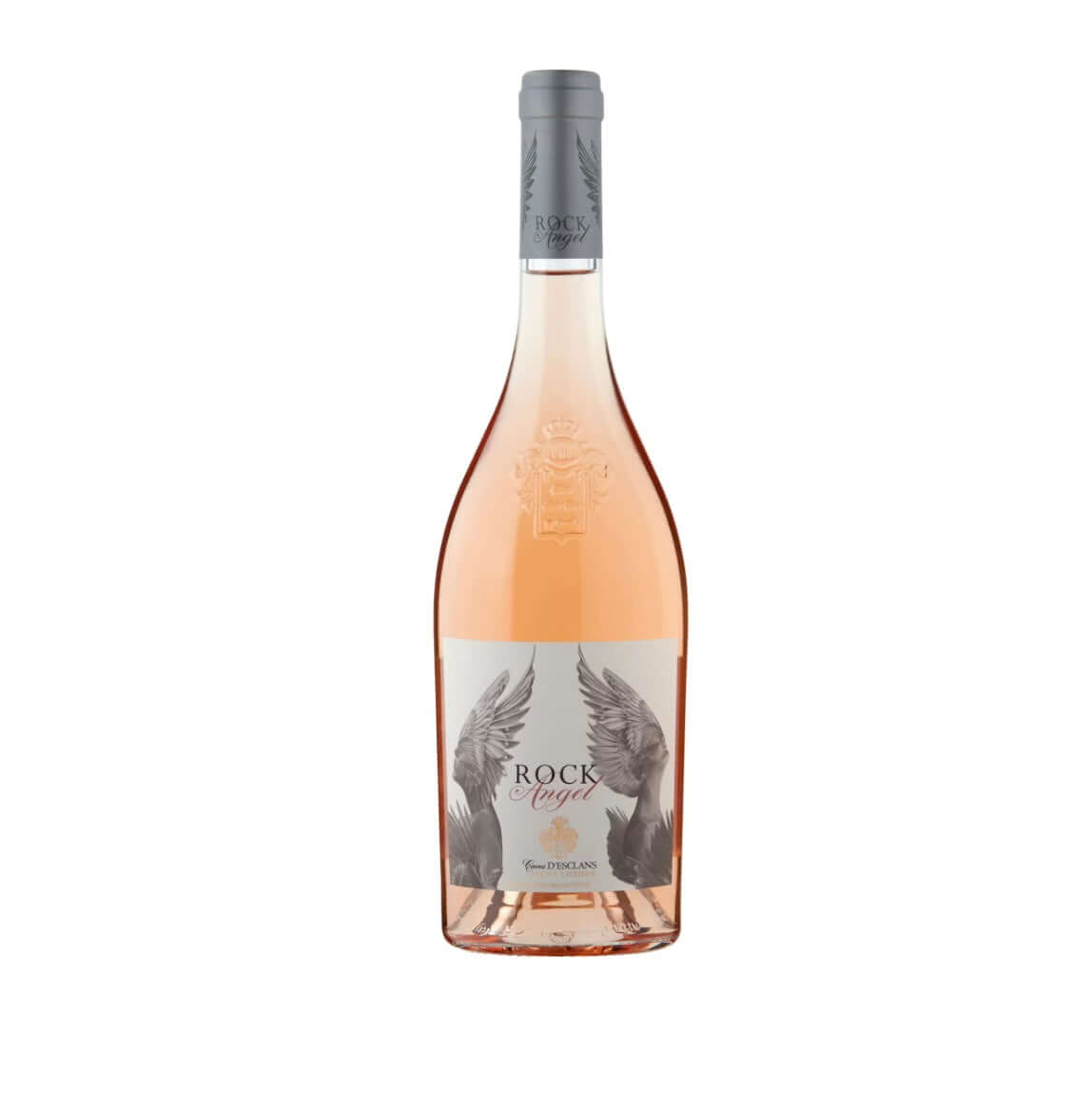 Rock Angel Rosé Wine 75cl bottle from Château d’Esclans, Provence rosé in an elegant clear glass bottle with pale pink wine and angel wing label design.