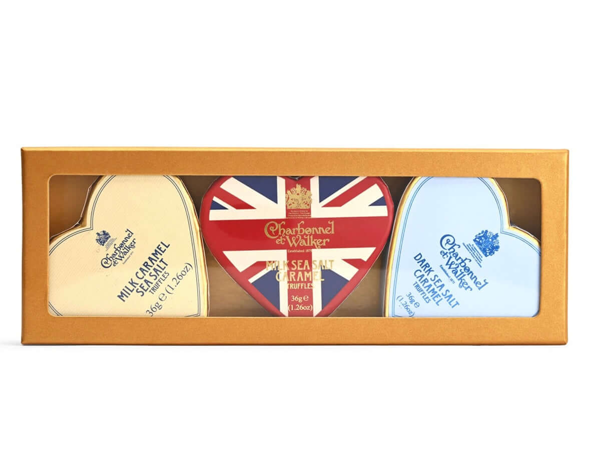 Three heart-shaped salt cells with Union Jack design in a wooden box