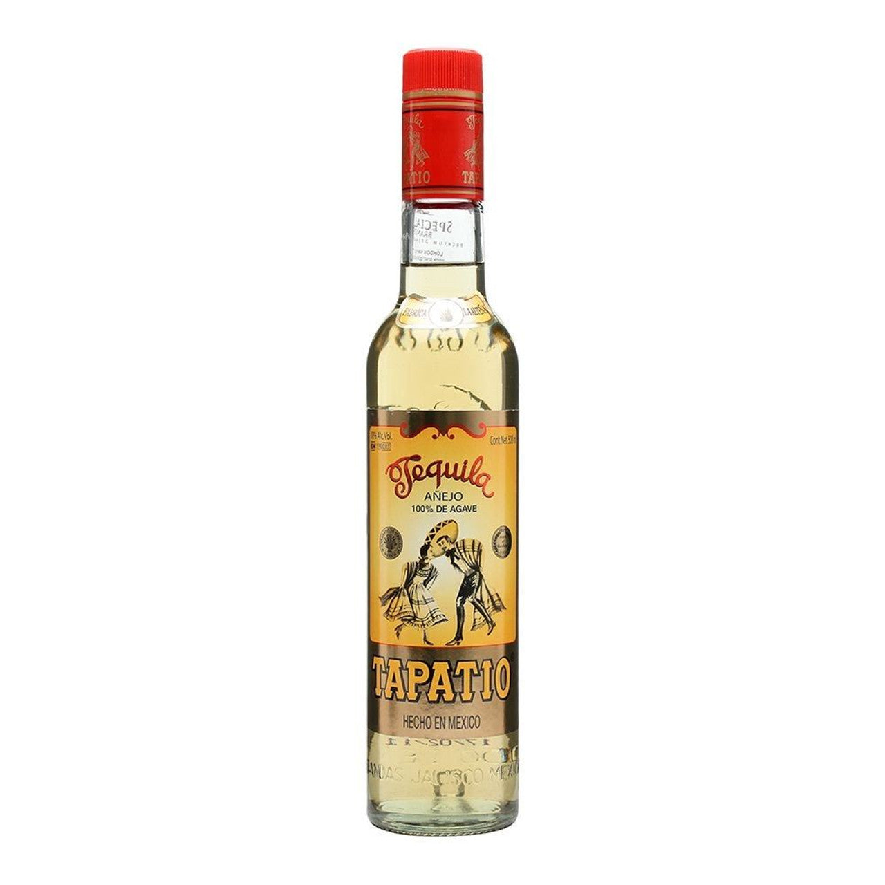 Bottle of Tapatio Añejo Tequila 50cl – amber-hued tequila in a glass bottle with a bold red and gold label, aged to perfection.