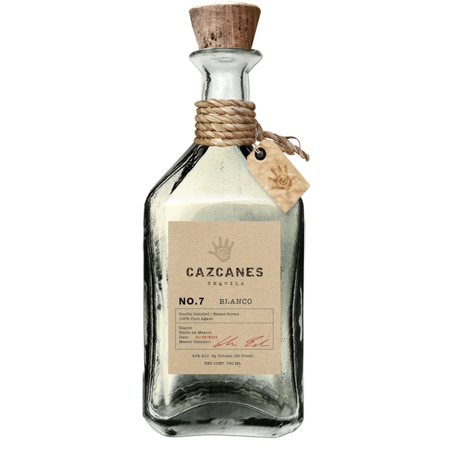 Bottle of Cazcanes No.7 Blanco Tequila 70cl – crystal-clear tequila in a minimalist glass bottle with a white and silver label.