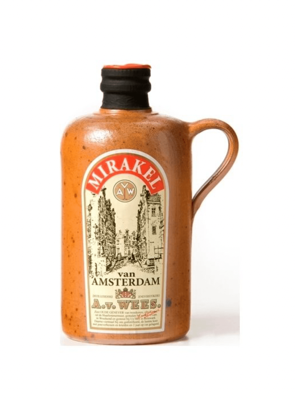 Mirakel van Amsterdam bottle with a rustic design on a white background