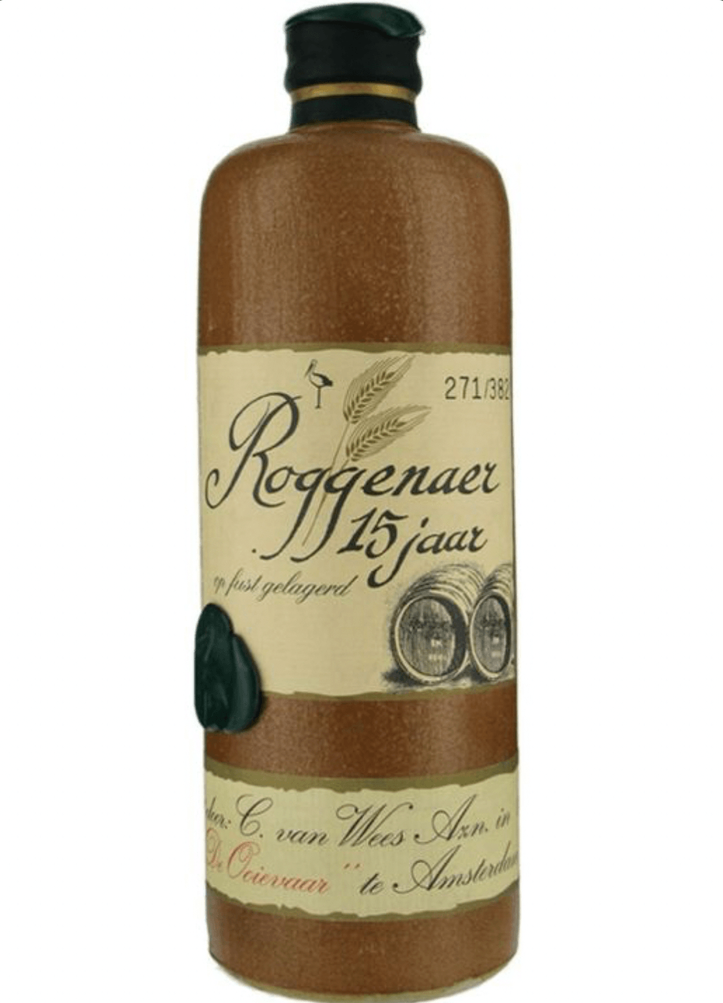 Bottle of Roggenaer 15 jaar with a brown label on a white background