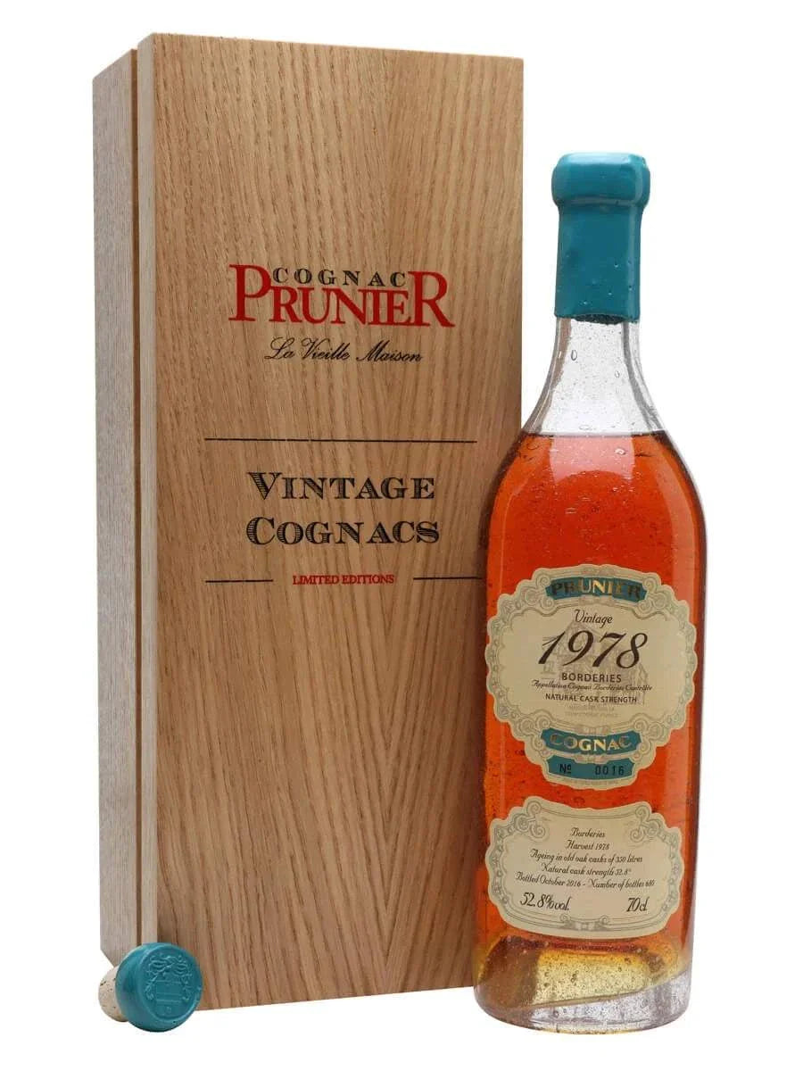 Prunier 1978 Borderies Cognac 70cl bottle with wooden presentation box.