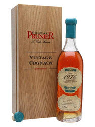 Prunier 1978 Borderies Cognac 70cl bottle with wooden presentation box.