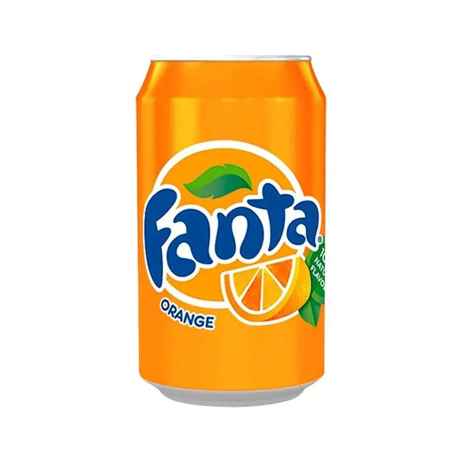 Fanta Orange 330ml can showcasing vibrant orange design, perfect for refreshing citrus flavor delivery in London.