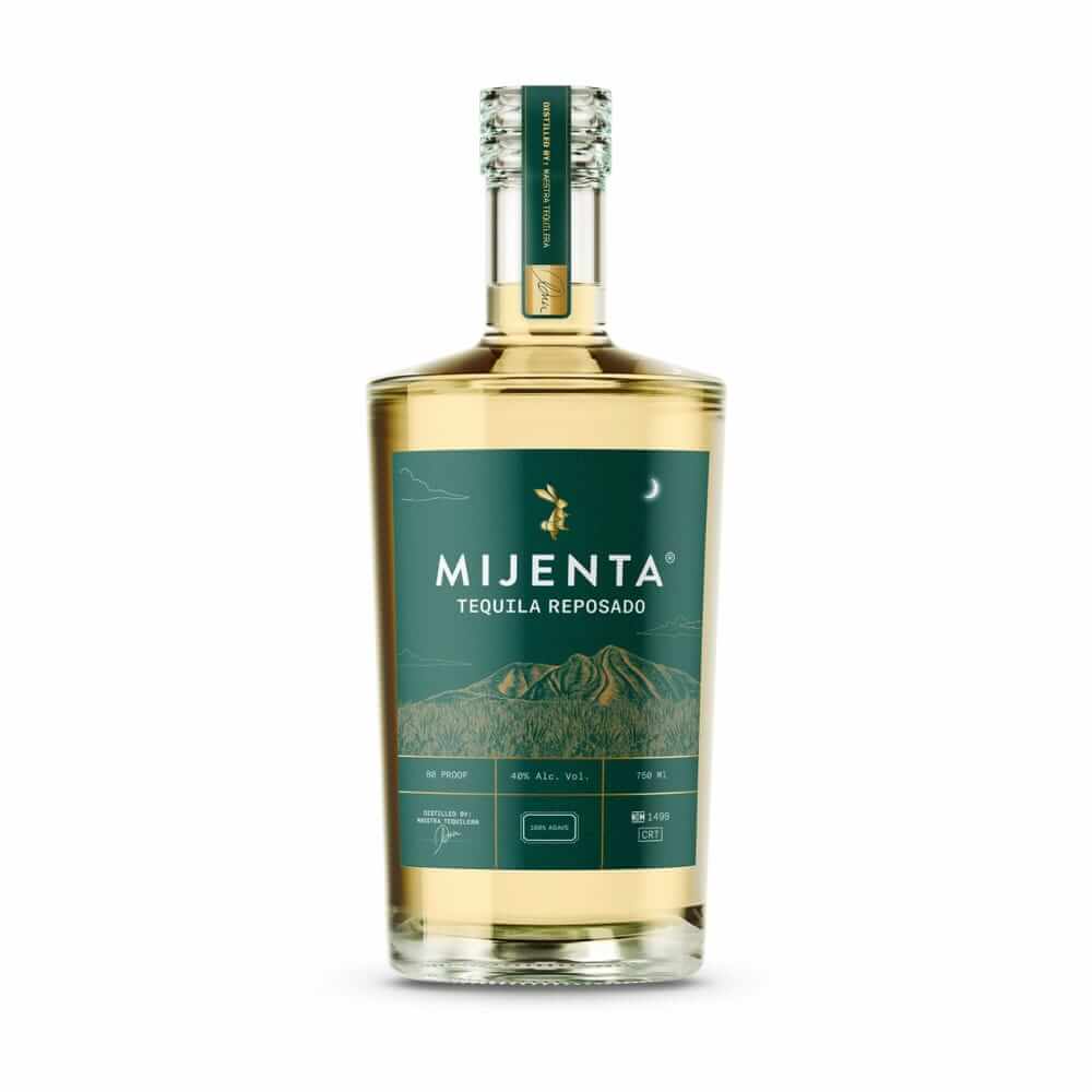 Bottle of Mijenta Reposado Tequila 70cl – light golden tequila in a sustainable bottle with a warm beige label and natural cork.