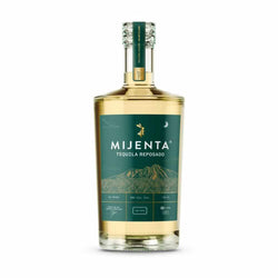 Bottle of Mijenta Reposado Tequila 70cl – light golden tequila in a sustainable bottle with a warm beige label and natural cork.