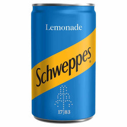 Schweppes Lemonade can featuring blue design and iconic logo, perfect for refreshment and celebrating moments.