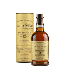 Bottle and packaging of The Balvenie DoubleWood 12 Year Old Single Malt Scotch Whisky, distilled in Speyside, Scotland, featuring labels highlighting its dual maturation in American oak ex-bourbon and Spanish oak ex-Oloroso sherry casks