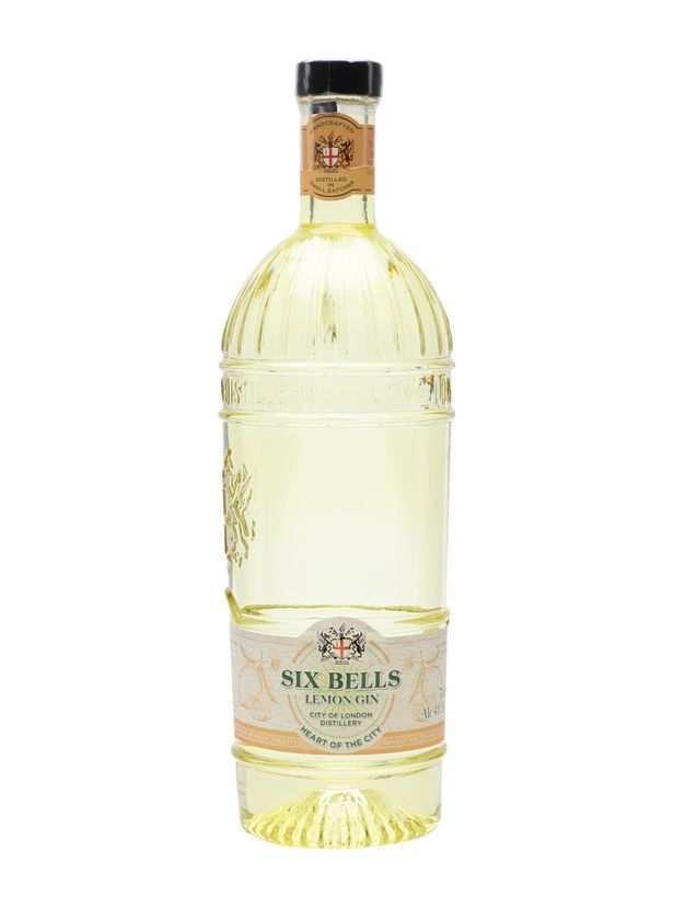 City of London Six Bells Lemon Gin bottle with clear citrus hue and detailed label design.