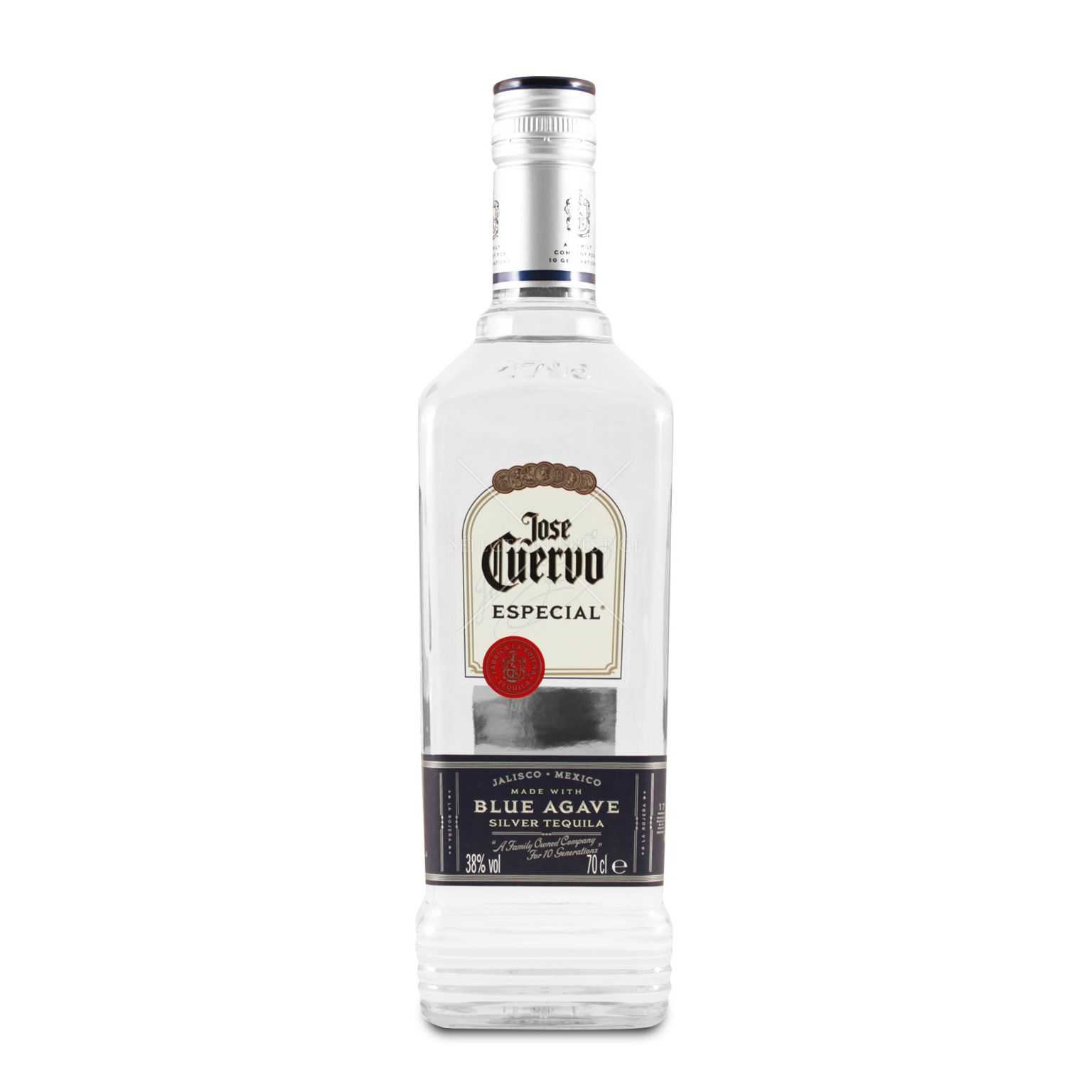 Bottle of Jose Cuervo Silver Tequila, crystal clear non-aged tequila made from fresh Jalisco agave.