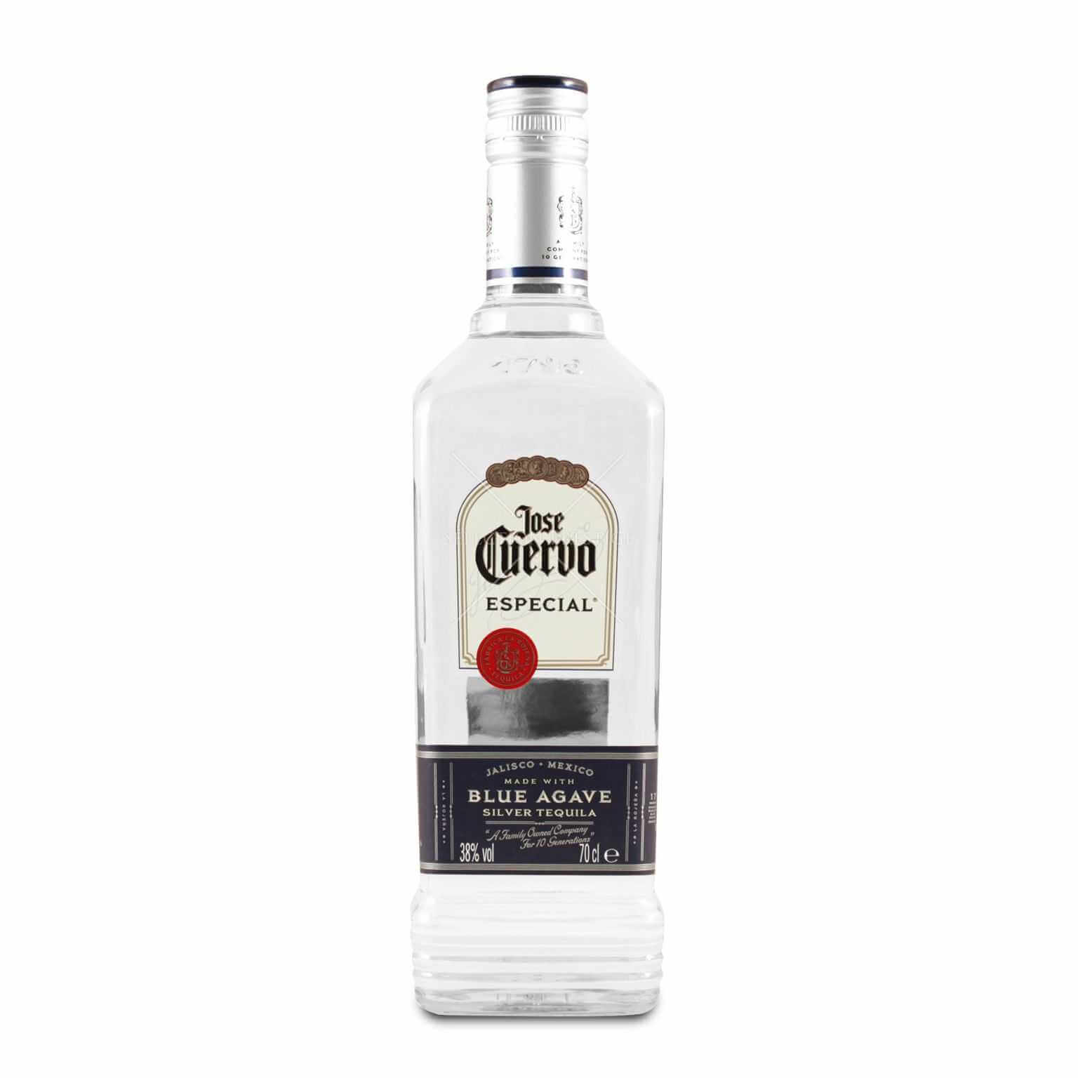 Bottle of Jose Cuervo Silver Tequila, crystal clear non-aged tequila made from fresh Jalisco agave.