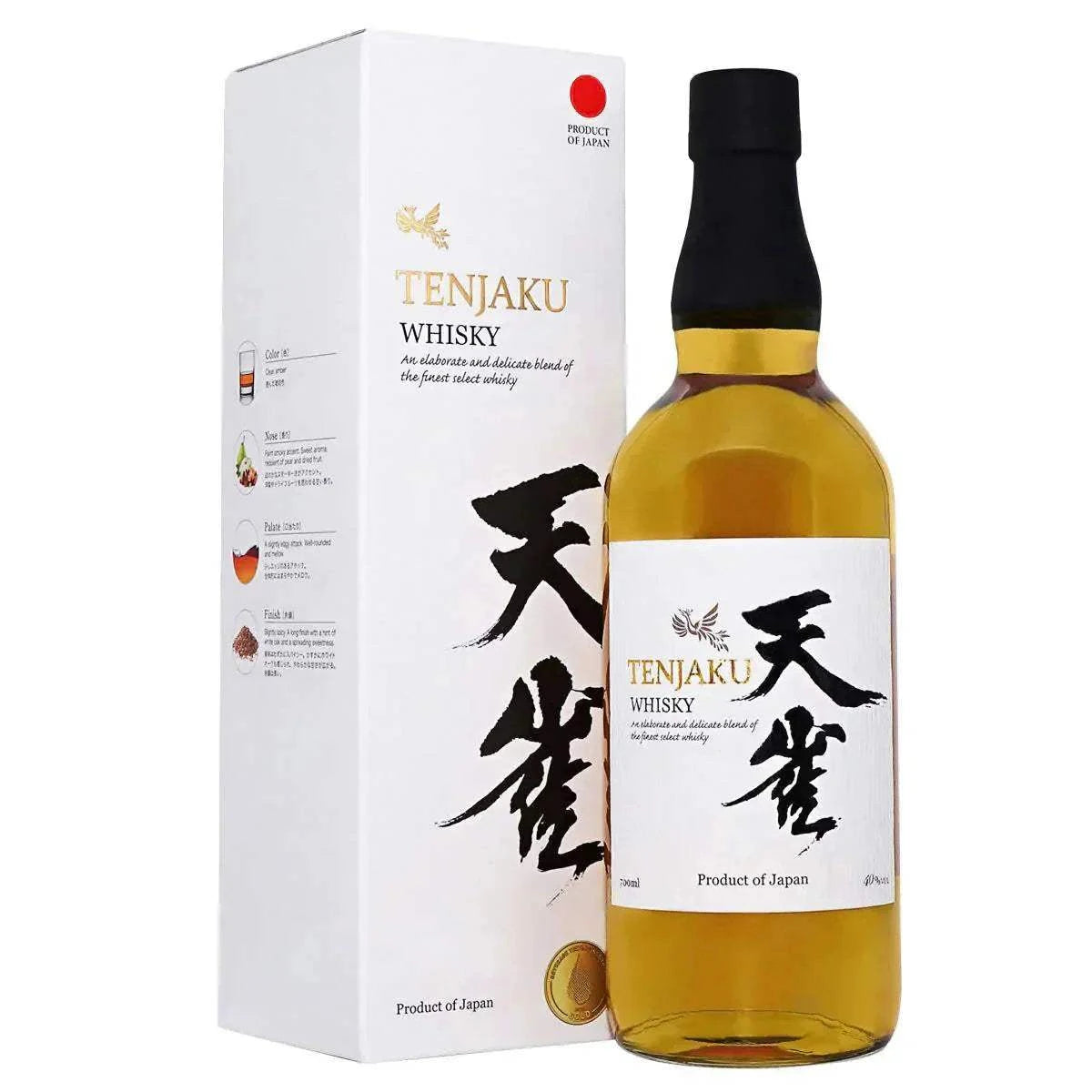Tenjaku Japanese Whisky bottle with packaging, featuring Japanese calligraphy.