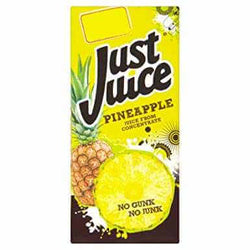 Pineapple juice carton with "Just Juice Pineapple" label.