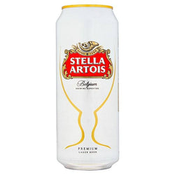 Stella Artois 440ml can, Belgian lager with rich flavor, available in London and UK.