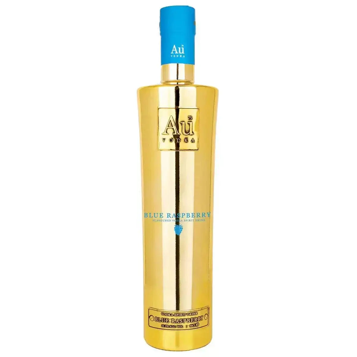 Au Blue Raspberry Vodka 70cl bottle in gold with blue cap, fruit-flavoured vodka for delivery in London and UK.