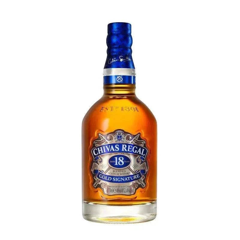 Chivas Regal 18 Year Old Blended Scotch Whisky bottle with intense dark amber color and blue label.