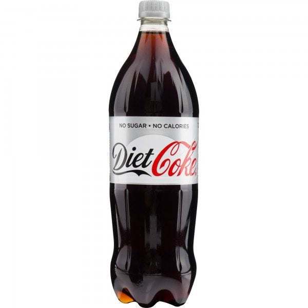 Diet Coke 1.25L bottle, sugar-free, low-calorie beverage.