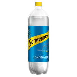 Schweppes Lemonade 2L bottle with blue and yellow label.