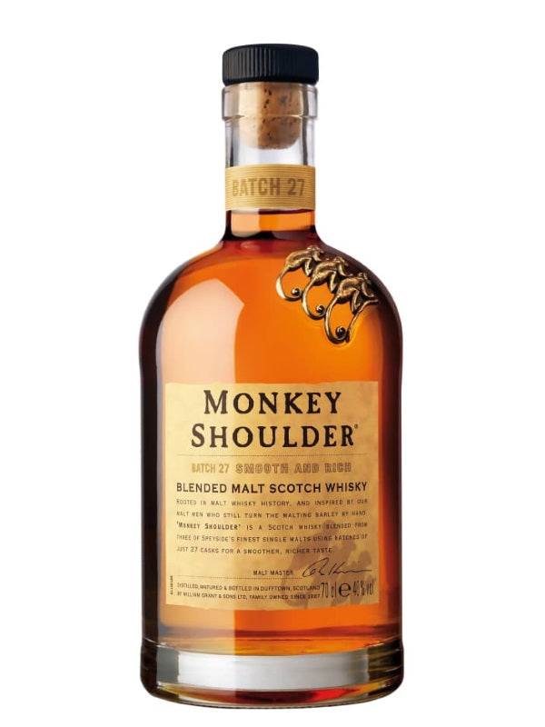 Monkey Shoulder Blended Malt Whisky bottle displaying label and smooth amber liquid.