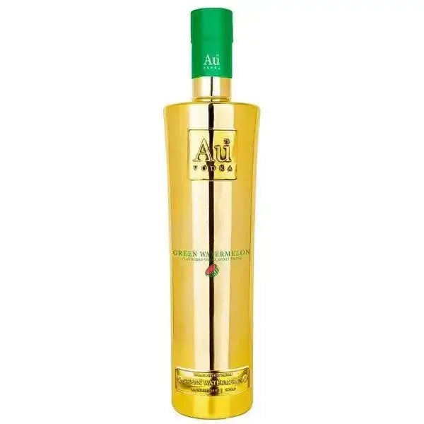 Au Green Watermelon Vodka bottle with green cap and golden label.