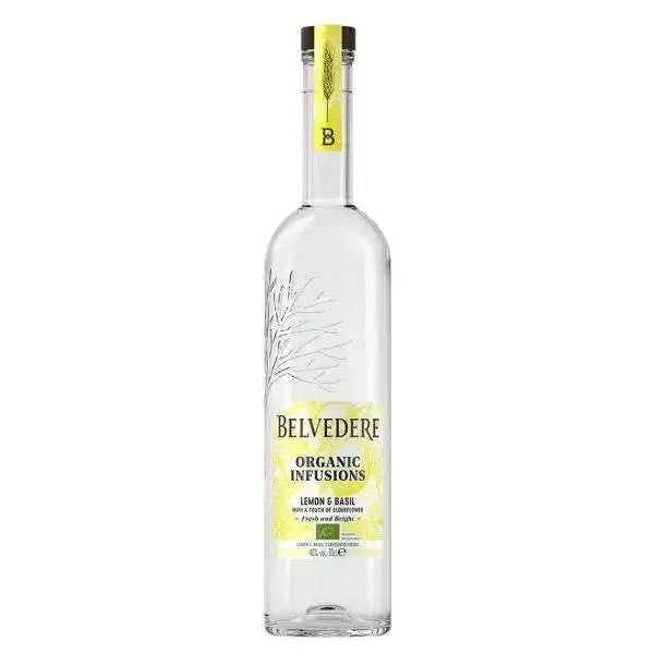 Belvedere Organic Infusions Lemon & Basil Vodka bottle with fresh lemon and basil flavors.