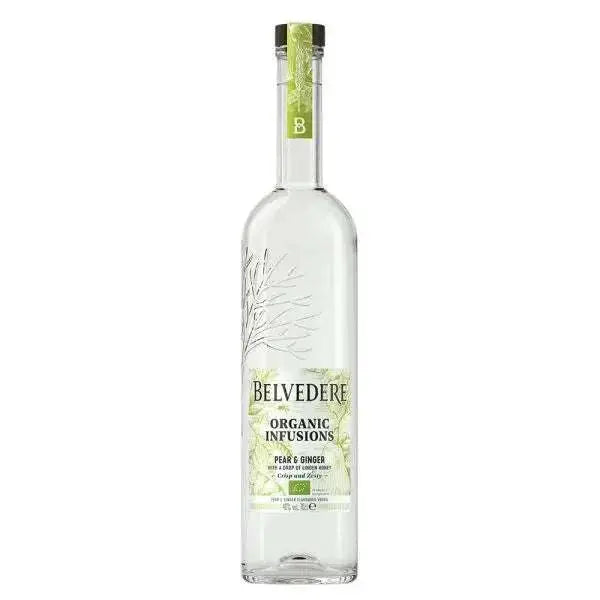 Belvedere Organic Infusions Pear & Ginger Vodka bottle with organic ingredients.