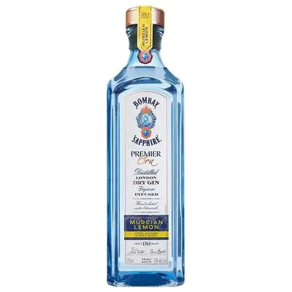 Bombay Sapphire Premier Cru Murcian Lemon Gin 70cl bottle with blue tint and detailed label.