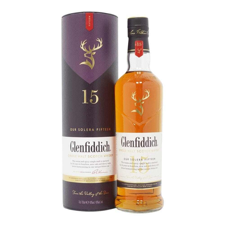 Glenfiddich 15 Year Solera Whisky 70cl bottle with packaging.