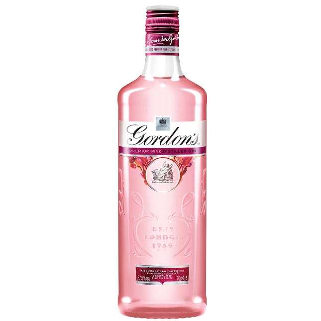Pink Gordon's Gin bottle with berry flavors, perfect for parties.