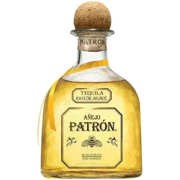 Patron Anejo Aged Tequila in handcrafted recycled glass bottle.
