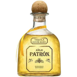 Patron Anejo Aged Tequila in handcrafted recycled glass bottle.