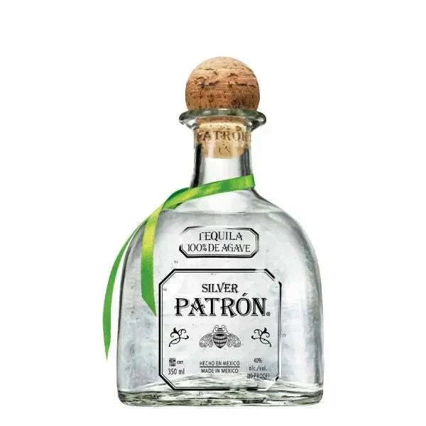 Patron Silver Tequila 35cl bottle with cork cap and green ribbon.