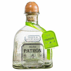 Patron Silver Tequila 70cl bottle with clear liquid and green ribbon.