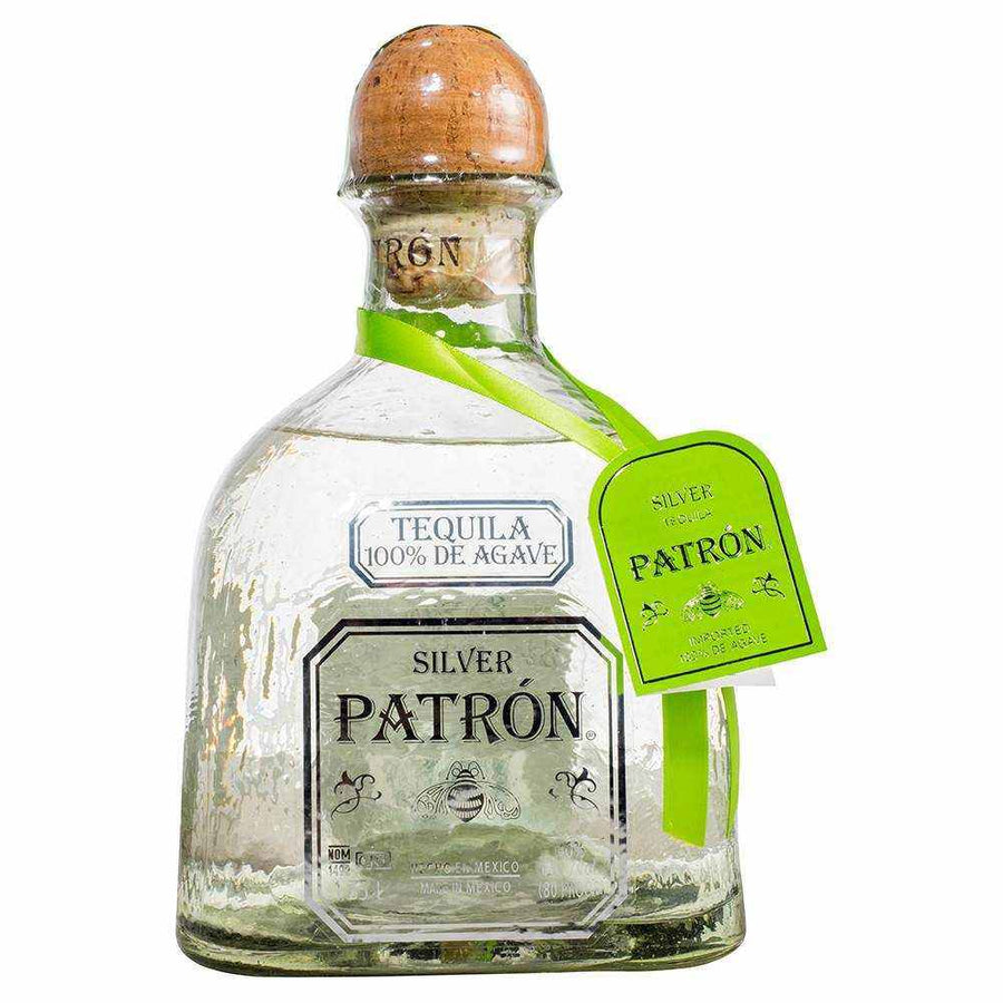 Patron Silver Tequila 70cl bottle with clear liquid and green ribbon.