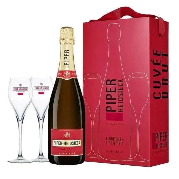 Piper Heidsieck Brut Champagne Gift Set with two glasses and elegant red packaging.