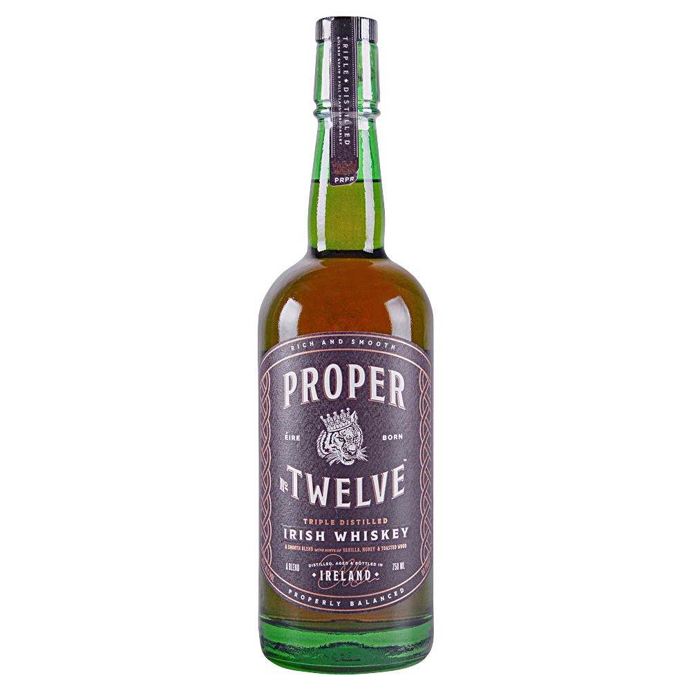 Proper Twelve Irish Whiskey bottle, triple distilled and smooth.