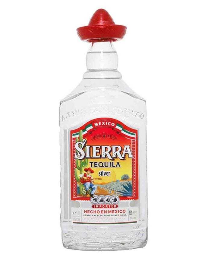Sierra Silver Blanco Tequila bottle with red cap and vibrant label, tequila from Guadalajara, Mexico.